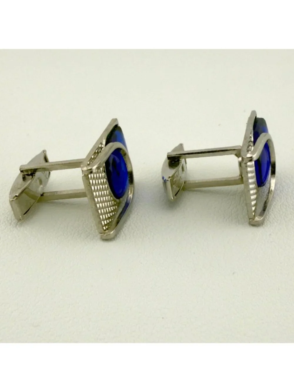 Vintage Rectangular Silver Tone Cufflinks With Blue Glass Accent